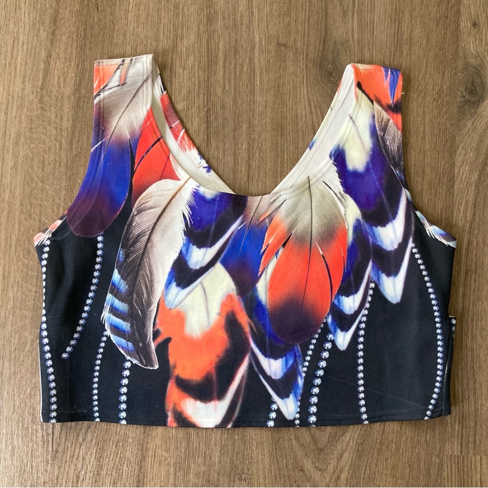 Blush Black and Orange Sleeveless Crop Tank Top Bodycon Feather Design